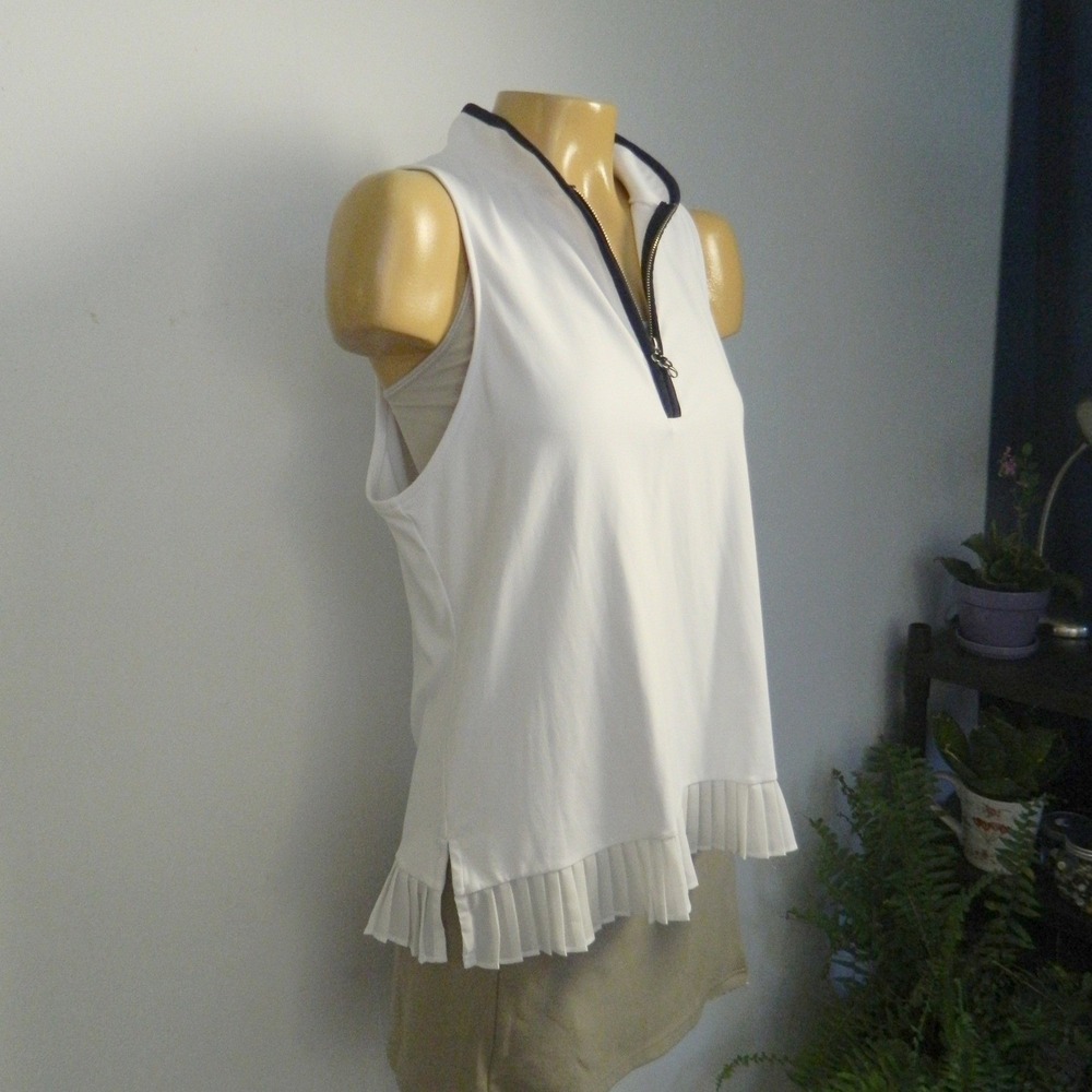 Carbon38 Tank Top Women L White Quarter Zip Pleated Ruffle Hem Golf Tennis